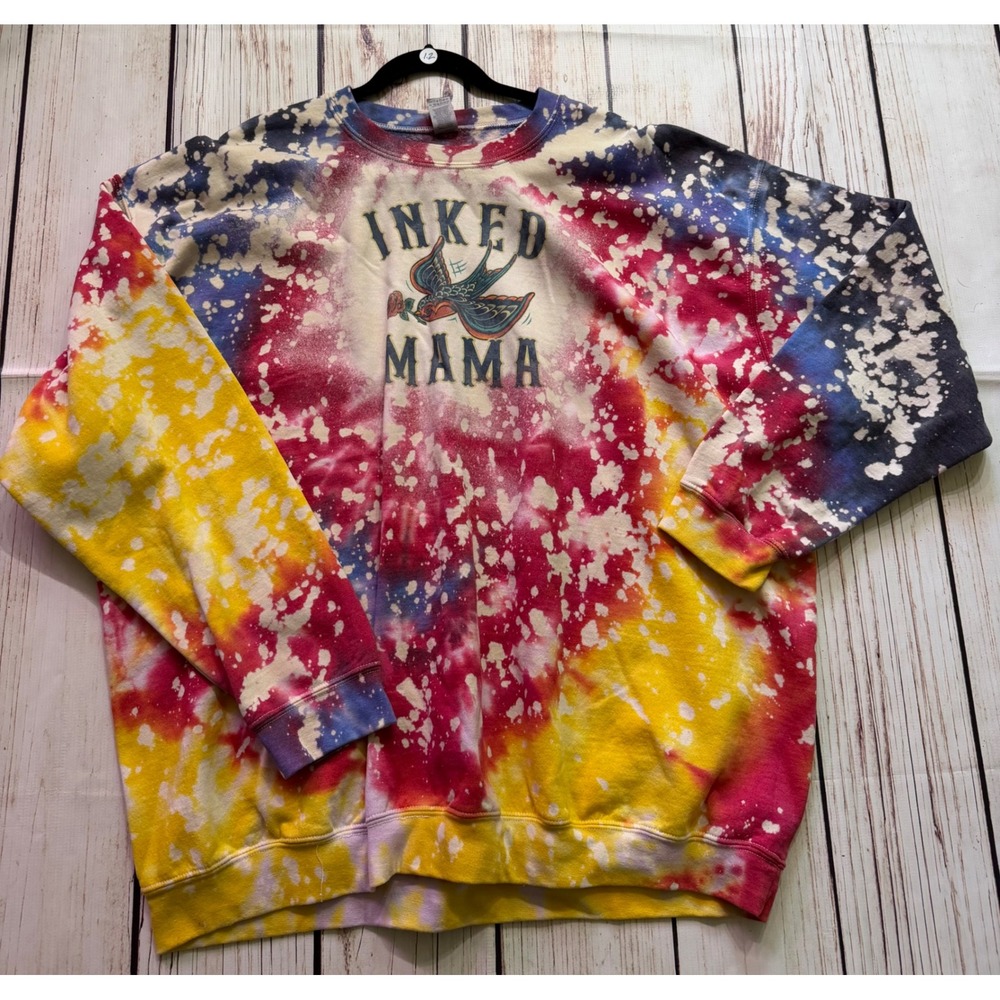 Gildan Inked Mama Tie Dye Bleach Wash Sweatshirt Red Yellow Blue 4XL